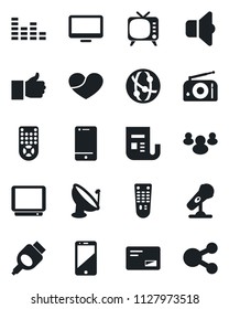 Set of vector isolated black icon - satellite antenna vector, microphone, radio, news, tv, equalizer, remote control, network, cell phone, monitor, group, thumb up, heart, mail, hdmi, sound