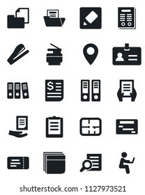 Set of vector isolated black icon - ticket vector, identity, office binder, document search, pin, receipt, clipboard, folder, notes, blank box, paper, copier, contract, stapler, plan, schedule