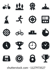 Set of vector isolated black icon - pedestal vector, medal, bike, run, weight, clock, stopwatch, target, award cup