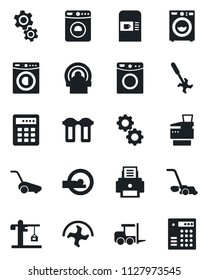 Set of vector isolated black icon - coffee machine vector, washer, fork loader, ripper, lawn mower, tomography, printer, copier, crane, gear, water filter, combination lock