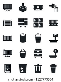 Set of vector isolated black icon - trash bin vector, checkroom, bucket, watering, railroad, truck trailer, cargo container, consolidated, package, oil barrel, heavy scales, archive box