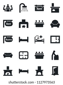 Set of vector isolated black icon - baby room vector, bed, shower, meeting, fireplace, hospital, plan, rent, rooms, bedroom, cushioned furniture, door