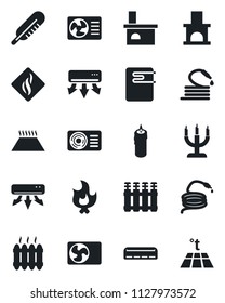 Set of vector isolated black icon - fire vector, hose, fireplace, thermometer, heater, air conditioner, candle, water, smoke detector, radiator, warm floor