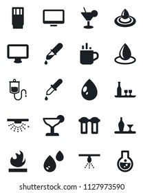 Set of vector isolated black icon - hot cup vector, water drop, dropper, flammable, monitor, alcohol, drink, cocktail, filter, sprinkler, flask