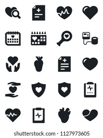 Set of vector isolated black icon - heart vector, pulse, diagnosis, blood pressure, diagnostic, shield, hand, real, medical calendar, clipboard