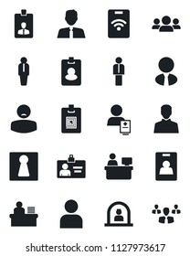 Set of vector isolated black icon - female vector, reception, manager, identity card, place, patient, user, desk, estate agent, pass, group
