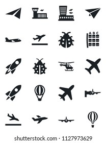 Set of vector isolated black icon - plane vector, departure, arrival, boarding, helicopter, seat map, airport building, lady bug, rocket, paper, air balloon