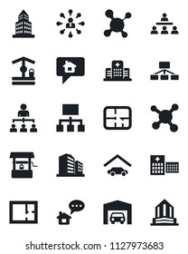 Set of vector isolated black icon - hierarchy vector, well, molecule, hospital, office building, garage, plan, home message