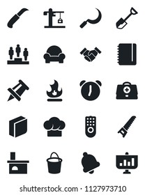 Set of vector isolated black icon - pedestal vector, notepad, drawing pin, shovel, bucket, saw, fire, sickle, garden knife, fireplace, doctor case, alarm, bell, blank box, handshake, crane, cook hat