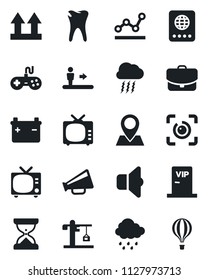 Set of vector isolated black icon - escalator vector, tv, passport, storm cloud, rain, caries, pin, up side sign, loudspeaker, gamepad, eye id, point graph, crane, vip zone, sound, battery, case
