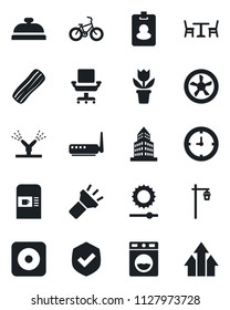 Set of vector isolated black icon - cafe vector, coffee machine, flower in pot, garden light, bike, clock, shield, rec button, torch, brightness, office building, chair, reception, bacon, fan