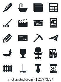 Set of vector isolated black icon - office binder vector, abacus, pencil, rake, caterpillar, thermometer, fragile, clapboard, mail, calculator, blank box, sale, bathroom, radiator, chair, tie