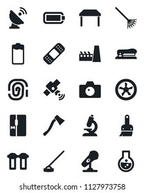 Set of vector isolated black icon - camera vector, rake, hoe, axe, microscope, patch, satellite antenna, microphone, battery, themes, stapler, table, fridge, factory, fan, water filter, fingerprint