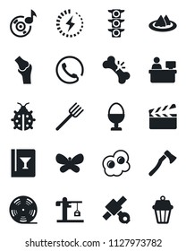 Set of vector isolated black icon - manager place vector, farm fork, butterfly, lady bug, axe, joint, broken bone, satellite, traffic light, clapboard, reel, music, charge, crane, phone