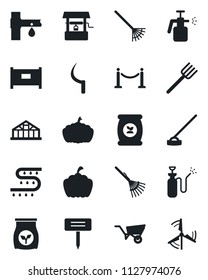 Set of vector isolated black icon - fence vector, farm fork, rake, wheelbarrow, well, hoe, sickle, plant label, pumpkin, greenhouse, garden sprayer, fertilizer, drip irrigation, windmill