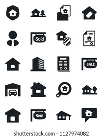 Set of vector isolated black icon - office building vector, contract, house, with garage, tree, estate document, sale, rent, sold signboard, search, agent, smart home, insurance, message