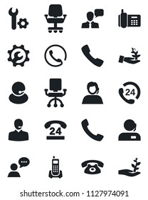 Set of vector isolated black icon - office phone vector, 24 hours, support, speaker, call, root setup, palm sprout, chair