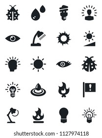 Set of vector isolated black icon - bulb vector, lady bug, fire, sun, eye, important flag, brightness, desk lamp, water, energy saving, shining head, idea