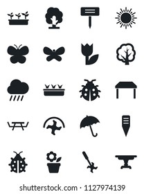 Set of vector isolated black icon - umbrella vector, sun, flower in pot, ripper, tree, butterfly, lady bug, seedling, rain, plant label, picnic table, tulip