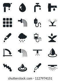 Set of vector isolated black icon - crisis graph vector, watering, water drop, rain, drip irrigation, dropper, menu, supply, sprinkler