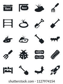 Set of vector isolated black icon - job vector, garden fork, shovel, lady bug, caterpillar, pond, rack, rent, bacon, open close, rocket