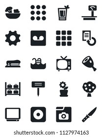 Set of vector isolated black icon - tv vector, luggage storage, document reload, plant label, heavy scales, rec button, menu, settings, record, photo gallery, stapler, pool, fruit tree, phyto bar