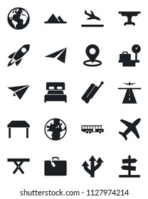 Set of vector isolated black icon - runway vector, suitcase, arrival, airport bus, luggage scales, picnic table, route, earth, plane, place tag, mountains, bedroom, rocket, paper, guidepost