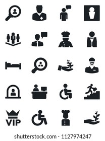 Set of vector isolated black icon - male vector, vip, disabled, reception, bed, speaking man, manager place, doctor, career ladder, company, client search, waiter, cook, consumer, palm sprout