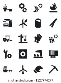 Set of vector isolated black icon - fork loader vector, factory, glove, saw, truck trailer, sea port, flammable, oil barrel, battery, root setup, sun panel, crane, windmill, gear, hard work