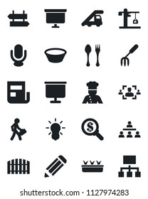 Set of vector isolated black icon - spoon and fork vector, signpost, ladder car, presentation board, pencil, garden, seedling, microphone, news, hr, hierarchy, manager, fence, crane, cook, bowl