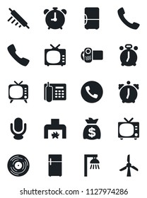 Set of vector isolated black icon - alarm clock vector, phone, tv, money bag, vinyl, video camera, microphone, call, office, fireplace, rolling pin, outdoor lamp, fridge, windmill