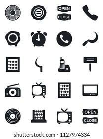 Set of vector isolated black icon - alarm clock vector, phone, tv, abacus, stamp, sickle, plant label, vinyl, radio, call, open close