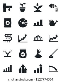 Set of vector isolated black icon - growth statistic vector, seedling, watering can, sprout, hoe, greenhouse, fertilizer, drip irrigation, bar graph, pie, arrow up, crisis