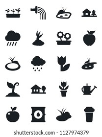 Set of vector isolated black icon - flower in pot vector, watering can, sproute, seedling, rain, pond, tulip, oil barrel, house with tree, apple fruit, water filter