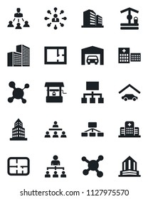 Set of vector isolated black icon - hierarchy vector, well, molecule, hospital, office building, garage, plan