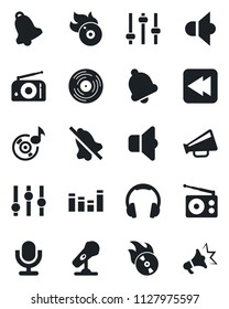 Set of vector isolated black icon - vinyl vector, flame disk, microphone, radio, speaker, loudspeaker, settings, equalizer, headphones, rewind, tuning, bell, mute, music, sound, advertising