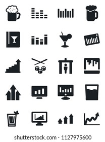 Set of vector isolated black icon - security gate vector, growth statistic, monitor, barcode, equalizer, scanner, statistics, wine card, drink, cocktail, phyto bar, beer, sushi, arrow up graph