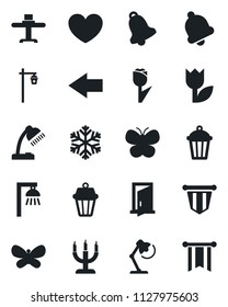 Set of vector isolated black icon - left arrow vector, pennant, butterfly, garden light, heart, tulip, bell, desk lamp, restaurant table, candle, snowflake, outdoor, door, pennon