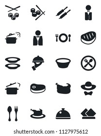 Set of vector isolated black icon - spoon and fork vector, waiter, dish, cafe, plates, dress code, chicken, steak, kebab, bowl, steaming pan, sushi, serviette