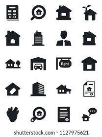 Set of vector isolated black icon - office building vector, house, real heart, contract, with garage, tree, estate document, rent, search, agent, smart home, city, eco, message