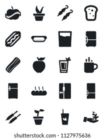 Set of vector isolated black icon - hot cup vector, seedling, diet, fridge, drink, phyto bar, bacon, bread, kebab, dog, apple fruit, palm sproute