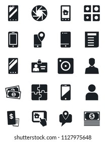 Set of vector isolated black icon - mobile phone vector, identity card, document, cash, tracking, cell, camera, user, application, restaurant receipt, home control app