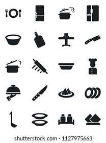 Set of vector isolated black icon - fridge vector, cook, restaurant table, serviette, cafe, plates, waiter, salt and pepper, ladle, bowl, rolling pin, cutting board, knife, steaming pan