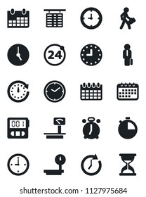 Set of vector isolated black icon - 24 around vector, alarm clock, flight table, calendar, heavy scales, stopwatch, manager, sand
