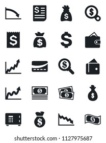 Set of vector isolated black icon - safe vector, dollar sign, money bag, cash, receipt, credit card, wallet, growth graph, crisis, search
