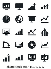 Set of vector isolated black icon - growth statistic vector, presentation board, crisis graph, monitor, circle chart, statistics, bar, pie, point, arrow up