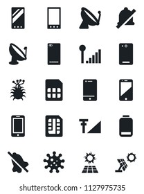 Set of vector isolated black icon - satellite antenna vector, mobile phone, virus, cell, low battery, back, sim, mute, cellular signal, sun panel