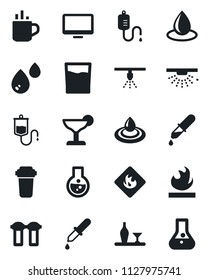 Set of vector isolated black icon - hot cup vector, water drop, dropper, flammable, monitor, alcohol, drink, cocktail, filter, sprinkler, flask