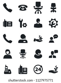 Set of vector isolated black icon - 24 around vector, office chair, phone, support, call, root setup, palm sprout