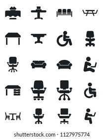 Set of vector isolated black icon - cafe vector, waiting area, disabled, office chair, desk, picnic table, cushioned furniture, restaurant, man with notebook